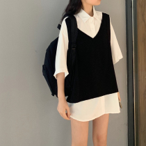 2021 spring new loose short sleeve shirt stitching top female foreign style black and white fake two shirt base shirt tide