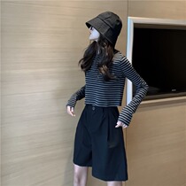 Short Long Sleeve Round Neck Womens Spring 2021 New Student Joker Outer Wear Striped Knitted T-shirt ins Tide