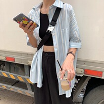 Summer 2021 new college style loose long salt handsome vertical stripes student short sleeve shirt top female