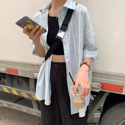 Summer 2021 new college style loose medium and long version salt handsome vertical stripes student short sleeve shirt top female
