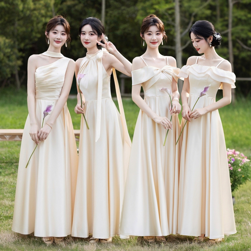 Champagne-Colored Satin Bridesmaid Dress 2026 New Model, Stunning and Unique with a High-End Feel, Wedding Sister Group Dress, Slim-Fit for Women Champagne-Colored Satin Bridesmaid Dress 2026 New Model, Stunning and Unique with a High-End Feel, Wedding Sister Group Dress, Slim-Fit for Women