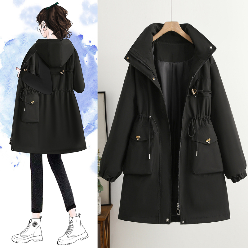 European Style Plus-Size Trench Coat for Women, Spring, Autumn, and Winter, New Mid-Length Loose Fit, Slimming, Casual Hooded Coat