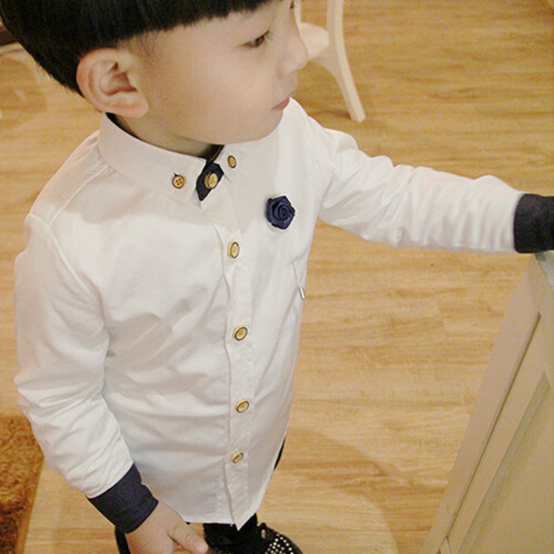 Boys' white shirt spring and autumn thin section pure cotton solid color handsome long-sleeved Korean version of the children's shirt in the big boy's new style