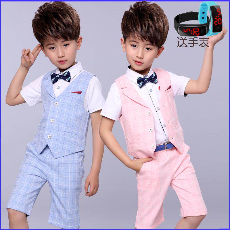 Children's casual suit men's slim vest three-piece flower girl short-sleeved temperament boy dress suit British style summer