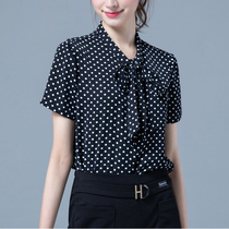Polo Dot Chiffon Blouse Women Short Sleeve Black and White Polka Dot Belt 2021 Summer Bow Bow Bow Shirt Professional Top