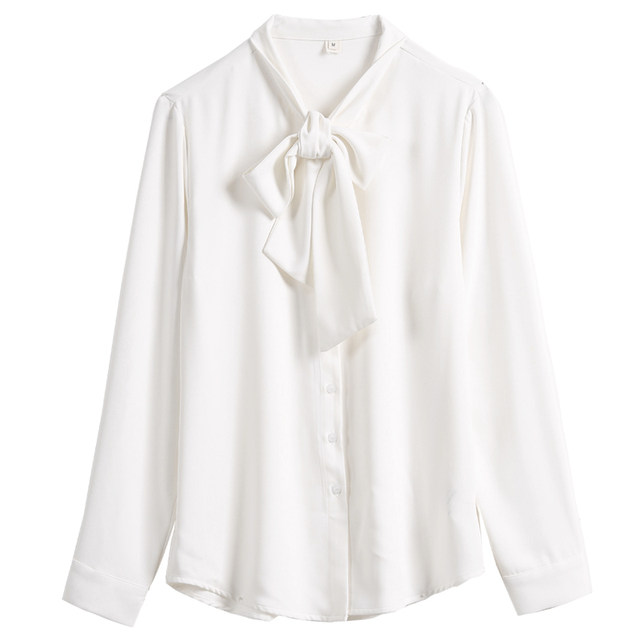 Bow tie shirt for women spring long-sleeved white top high-end fashion ribbon chiffon plus velvet white shirt for women to keep warm