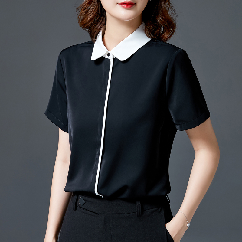 Black Career Shirt Woman Short Sleeve Summer Thin working white shirt High end foreign pie Large size Size Snow Spinning Blouse