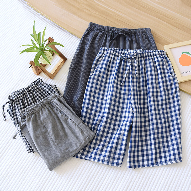 Everyday specials Men's plaid cotton double-layer gauze home pants shorts thin pajamas summer 5-point five-point pants