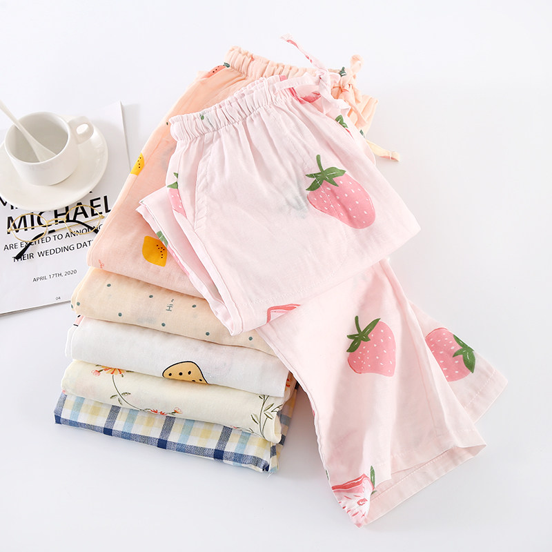 Sleeping Pants Woman Long Pants Summer Slim Pure Cotton Double Layer Gauze Spring Autumn Full Cotton Fresh Sweet Loose Casual Home Pants