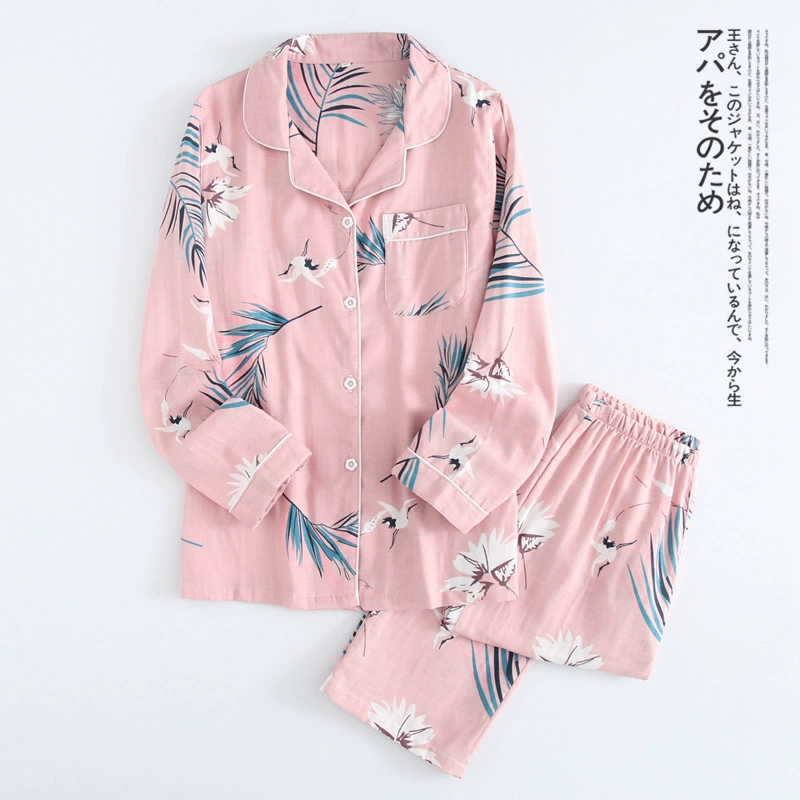 Đồ ngủ nữ mùa xuân và mùa thu mùa hè cotton tinh khiết đôi gạc mỏng phần tươi công chúa đại học tăng trưởng tay áo phục vụ nhà - Bộ Pajama