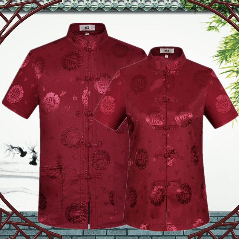 Chinese wind summer lovers Tang clothes men and women short sleeve blouses middle-aged Chinese style disc buckle shirts Mom and Dad Birthday Suit