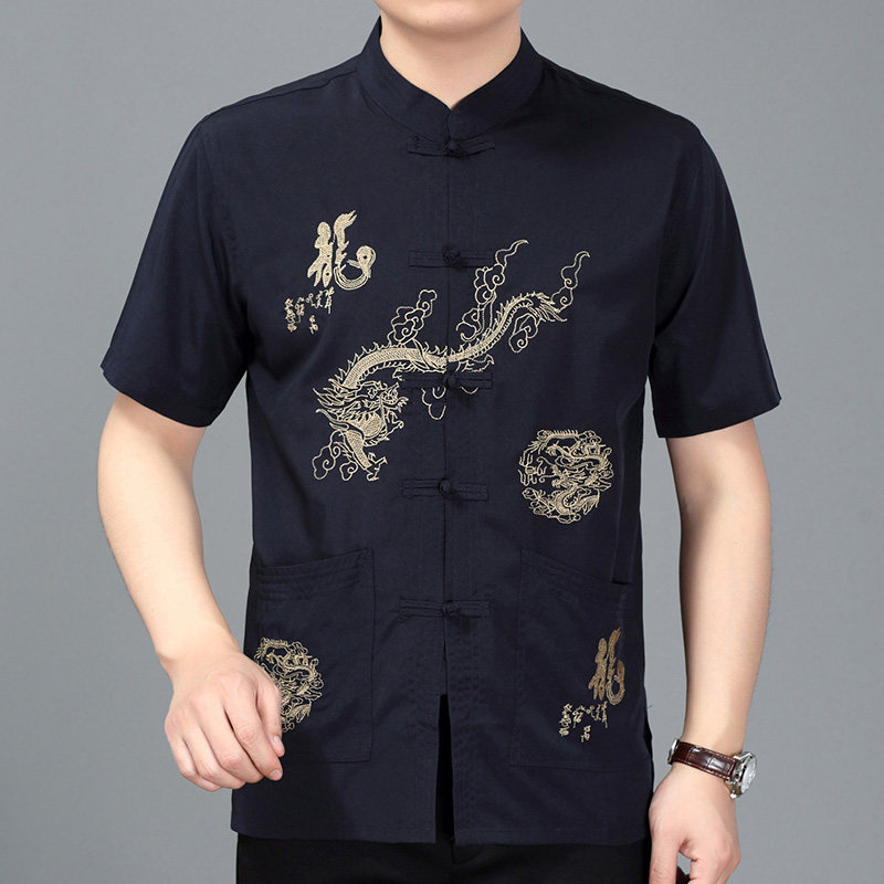 Middle and old people Tang loaded men's short sleeve blouses Chinese style vertical collar disc buckle embroidery shirt men's Chinese wind half sleeve summer clothes