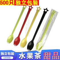 21cm extended color fruit tea fork Disposable plastic long handle fork spoon One-piece burning fairy grass spoon thickened independent spoon