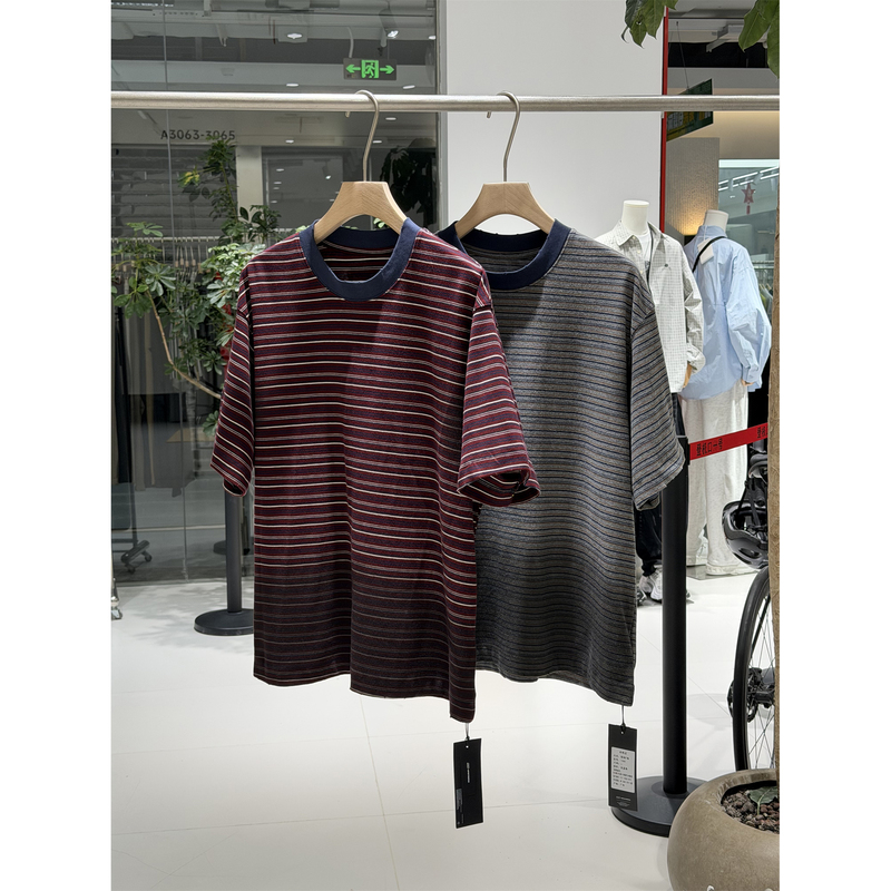 High-Quality Heavyweight Trendy Brand Retro Striped Crew Neck Short-Sleeve T-Shirt for Men, Loose Fit, Dropped Shoulders, Vintage Style, High-End Feel, Youth Top