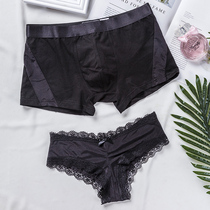 Sexy Couple Panties Set Low Waist Hollow Ice Silk Lace Ladies Briefs Pure Cotton Mens Boxer Pants