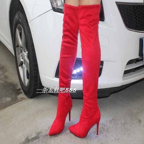 Trong khởi động đầu gối khởi động của phụ nữ stiletto kim loại nhọn siêu cao gót giày mùa thu và mùa đông mới trên khởi động đầu gối đàn hồi khởi động