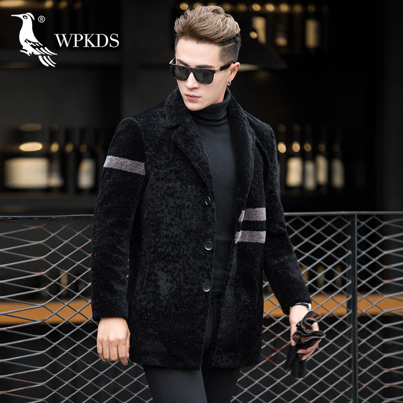 Suit collar sheen cut velvety coat men's winter medium long version leather hair integrated body Haining upscale men's leather grass jacket