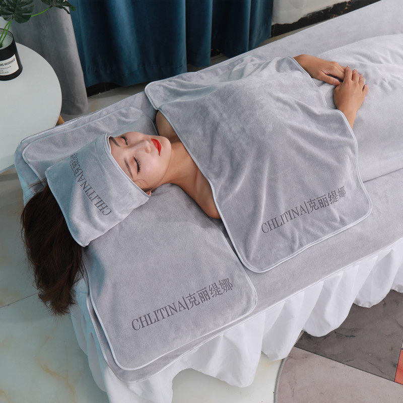 Beauty salon towel light gray pillow skin management package headscarf four-piece set thickened bed towel custom logo