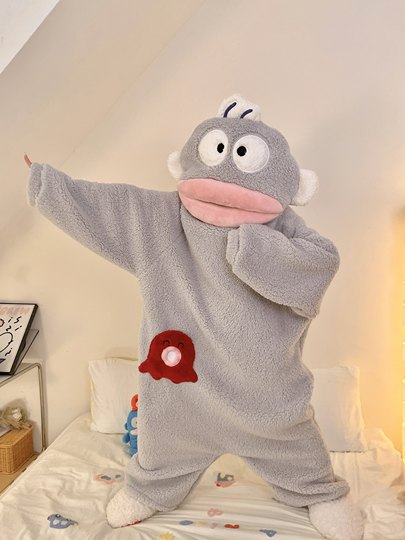 正版丑鱼连体睡衣冬季珊瑚绒加厚保暖卡通搞怪抽象睡袍家居服大码