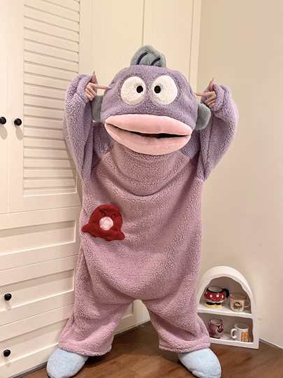 正版丑鱼连体睡衣冬季珊瑚绒加厚保暖卡通搞怪抽象睡袍家居服大码