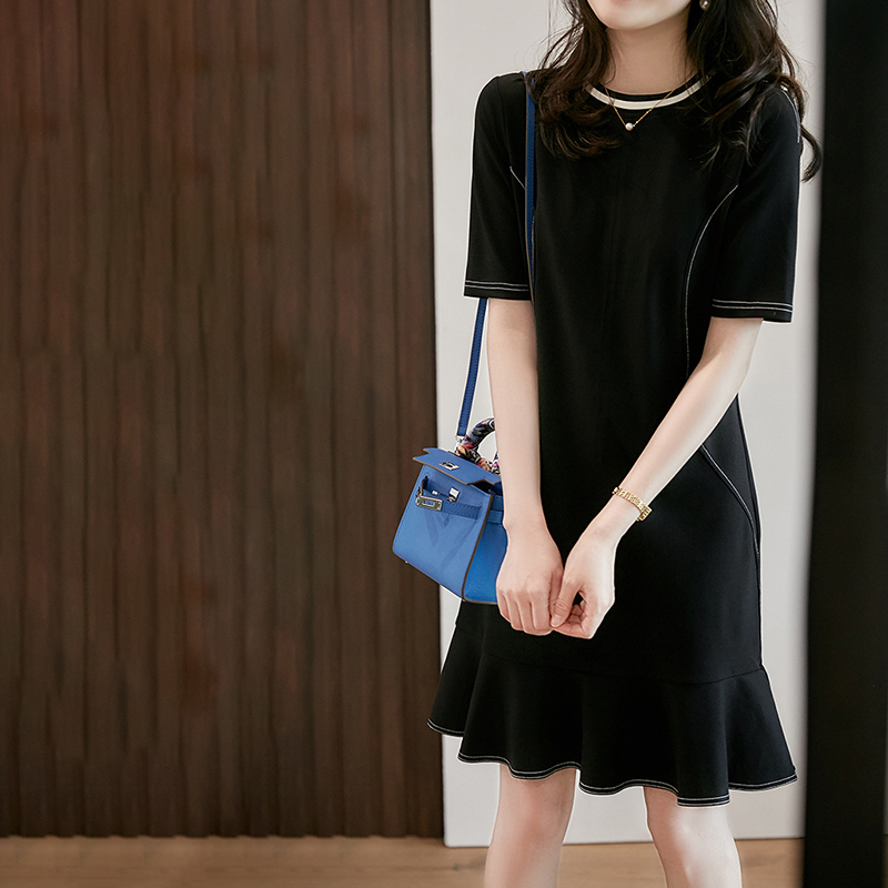 majefeeyou high-end French dress summer new ruffle silk mulberry silk temperament small black skirt women