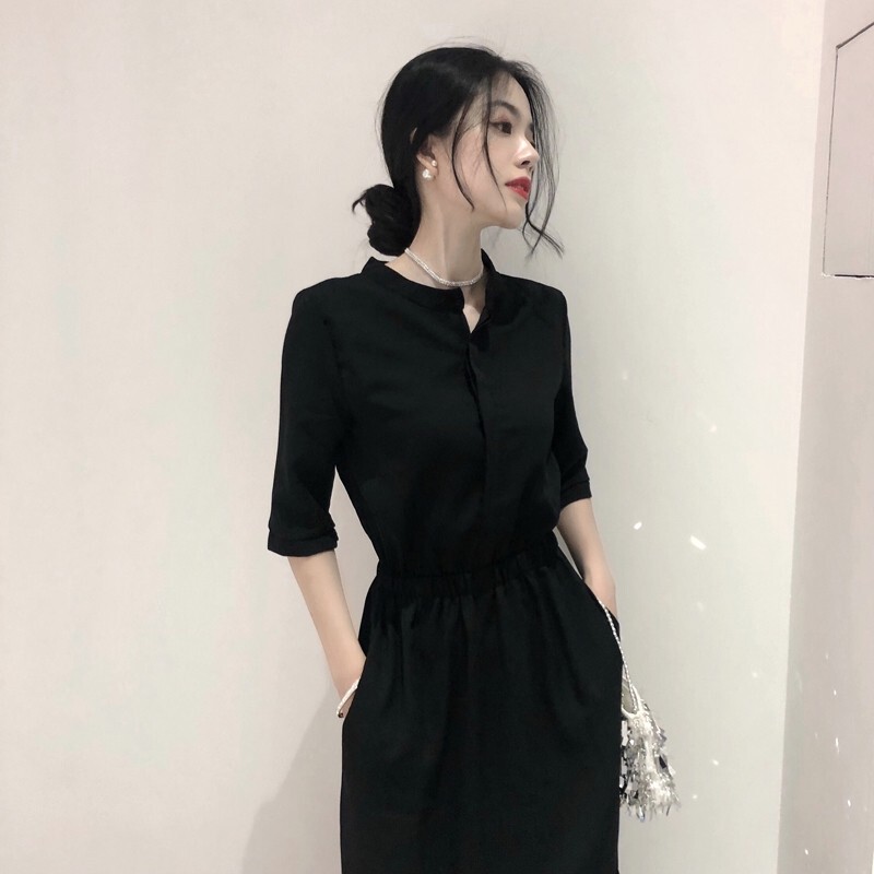Black Long Dress for Women, Summer Style, Waist-Cinching, Slimming, Elegant, High-End Chiffon Hepburn-Style Dress with Mid-Sleeves
