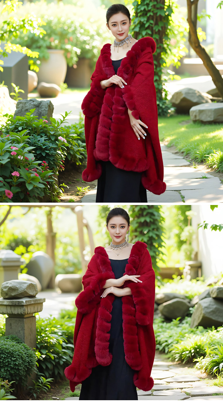 复古大码宽松毛领加绒厚斗篷披肩女蝙蝠袖中长款披风外搭毛呢外套详情6