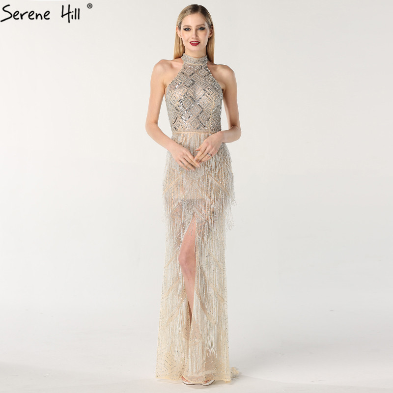 Serene Hill Silver Halter Neck Tassel Beaded Sexy Coming-Of-Age Ceremony Banquet Party Evening Dress La60776