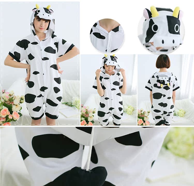 Thiếu niên mùa hè bông một mảnh đồ ngủ nam giới và phụ nữ trẻ em lớn bông ngắn- tay phim hoạt hình động vật jumpsuit mùa hè đồ ngủ cute