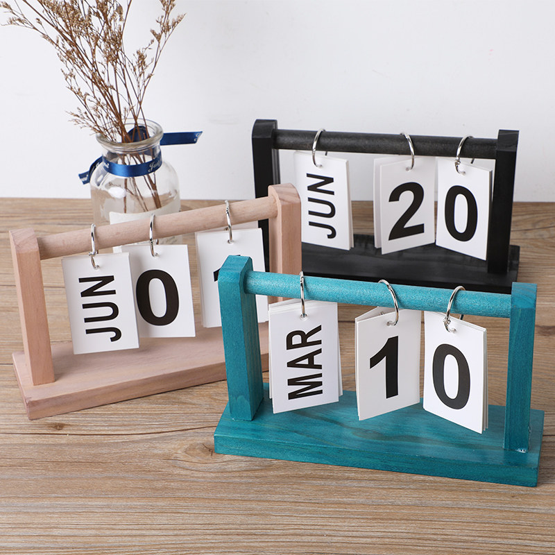 Han Edition Creative Desktop Turned Card Perpetual Wood Retro Art Calendar Office Table Calendar Decoration Swing