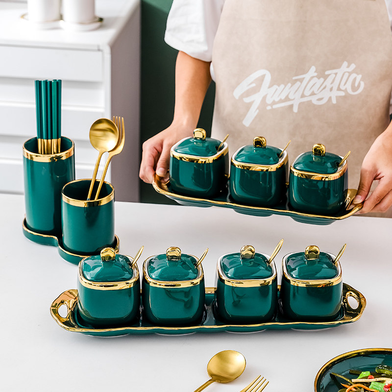 Nordic light and luxurious seasoning jar Ceramic Seasoning Jar Suit Kitchen home Chopsticks Cylinder Sauce box Salt jars Composition