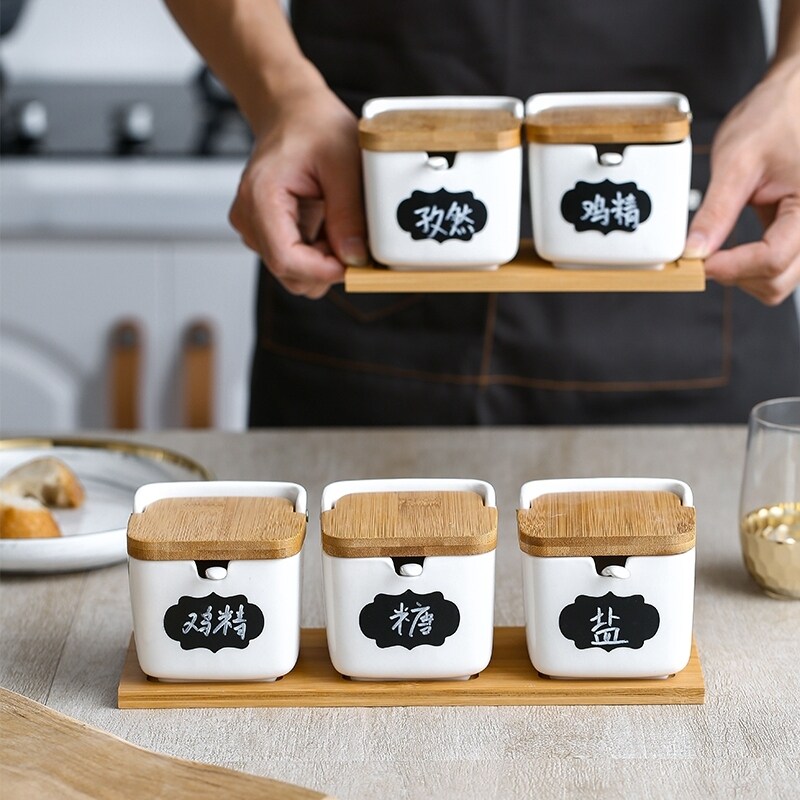 Creative Flip Ceramic Seasoning Jar Three Sets Kitchen Condiment Jar Suit White Seasoning Jar Suit Salt Jar