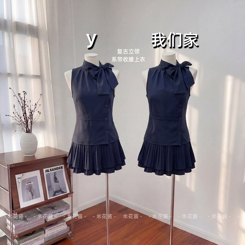 French-Style Stand-Collar Side-Tie Bowknot Vest for Women, Summer Design with Pleated Waist-Cinching Sleeveless Top