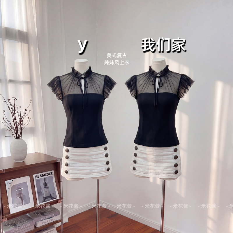 Retro-Style Black Mesh Patchwork Ruffle Top for Women, Summer Bowknot Slim-Fit Lace Blouse