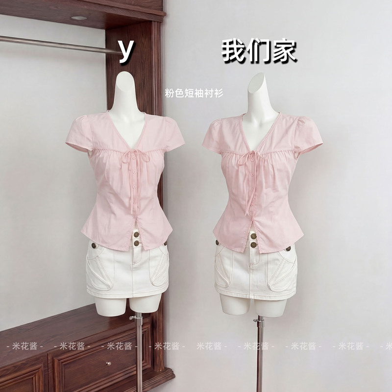 Pink V-Neck Lace Pleated Summer New Style Daily Commute Tie Sweet and Elegant Shirt for Women
