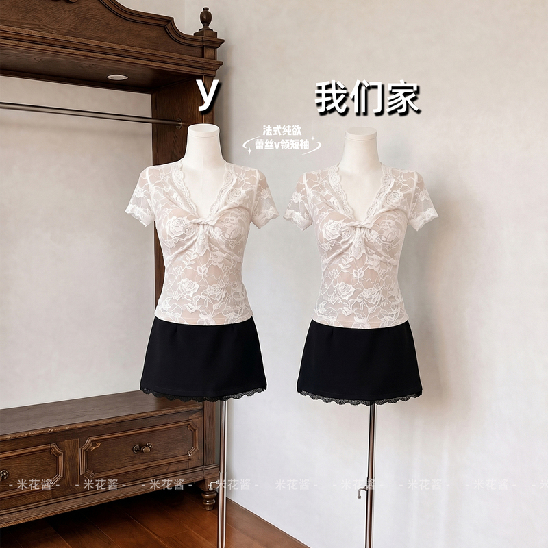 White Lace V-Neck Short-Sleeve Blouse for Women, Summer New Style, Slim Fit, Youthful, Flattering Base Shirt Top White Lace V-Neck Short-Sleeve Blouse for Women, Summer New Style, Slim Fit, Youthful, Flattering Base Shirt Top