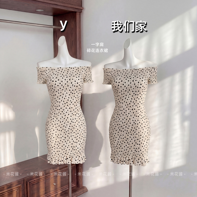Mi Hua Jiang Korean-Style Off-Shoulder Polka Dot Dress for Women, Summer Fashion, Elegant, Waist-Cinching, Slimming, Bodycon Short Dress