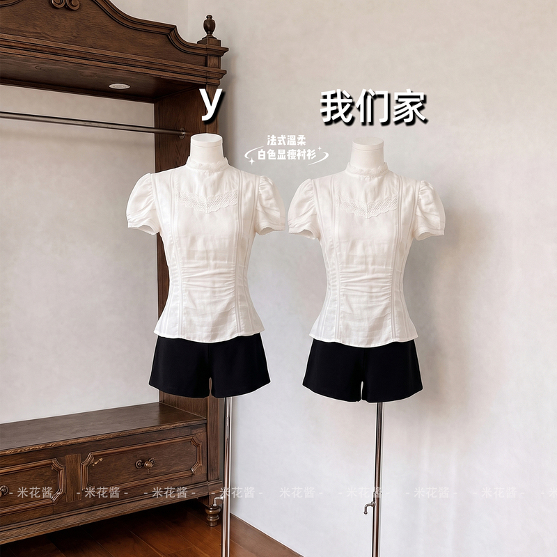 Mi Hua Jiang [You Ran Fa Lei] Bubble Short Sleeve Shirt White Lace High Collar Blouse Women's Summer Pure Desire Top