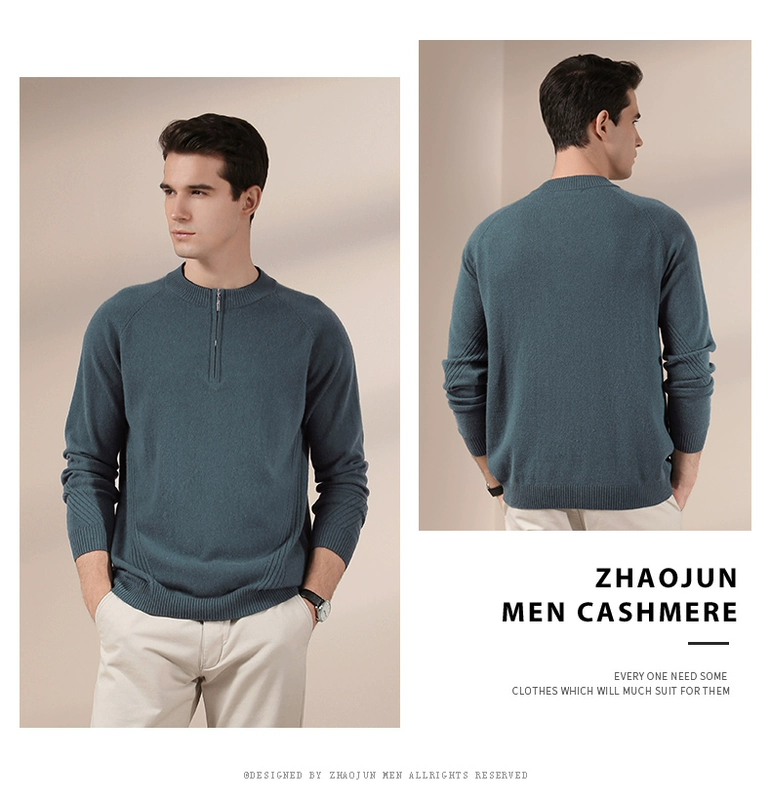 Zhaojun mùa thu và mùa đông mới màu tinh khiết áo len cashmere nửa cổ cao dây kéo giản dị sọc áo len cashmere nam - Áo len Cashmere