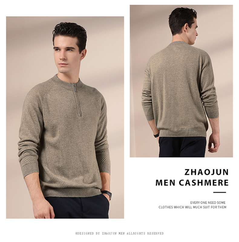 Zhaojun mùa thu và mùa đông mới màu tinh khiết áo len cashmere nửa cổ cao dây kéo giản dị sọc áo len cashmere nam - Áo len Cashmere áo sơ mi nam gucci