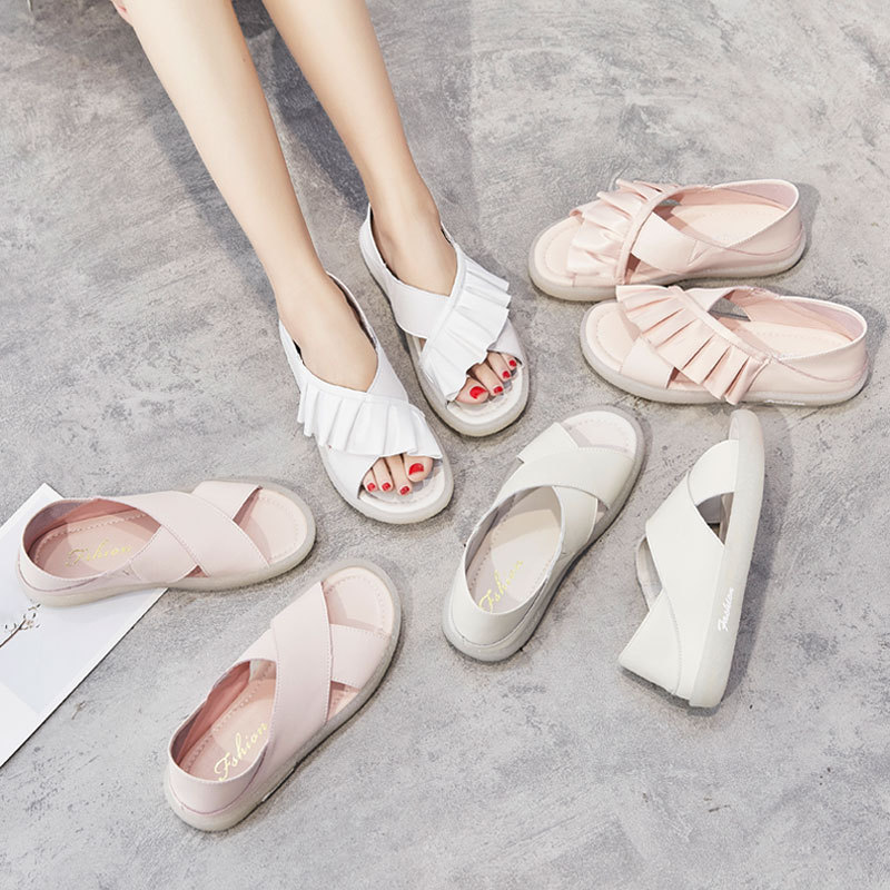 Women's Sandals 2026 Summer New Style Genuine Leather Soft Flat Large Size Fairy Style Fashion Maternity Wedge Slippers for Outdoor Wear