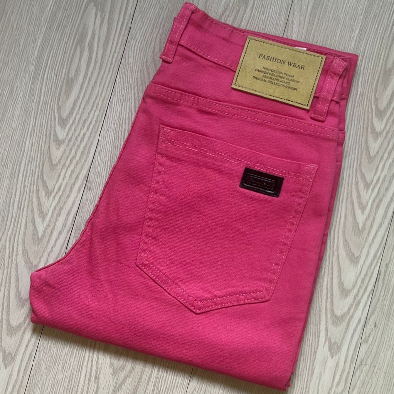 Fashionable Rose Red Jeans for Men and Women, Summer Thin Slim-Fit Straight-Leg Solid Color Stretchy Pink Casual Pants