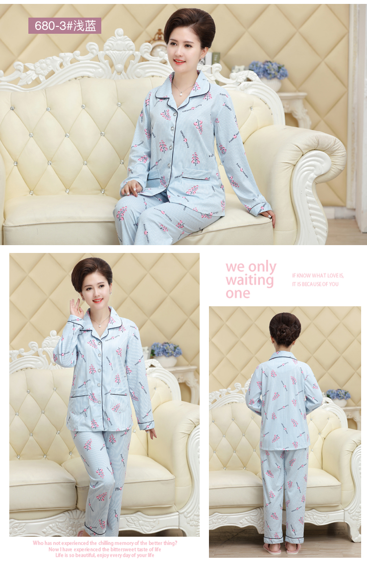 Bộ đồ ngủ trung niên ở Nam Cực dành cho nữ mùa hè đầy đủ cotton dài tay mùa xuân và mùa thu XL phục vụ nhà giản dị bộ mặc nhà