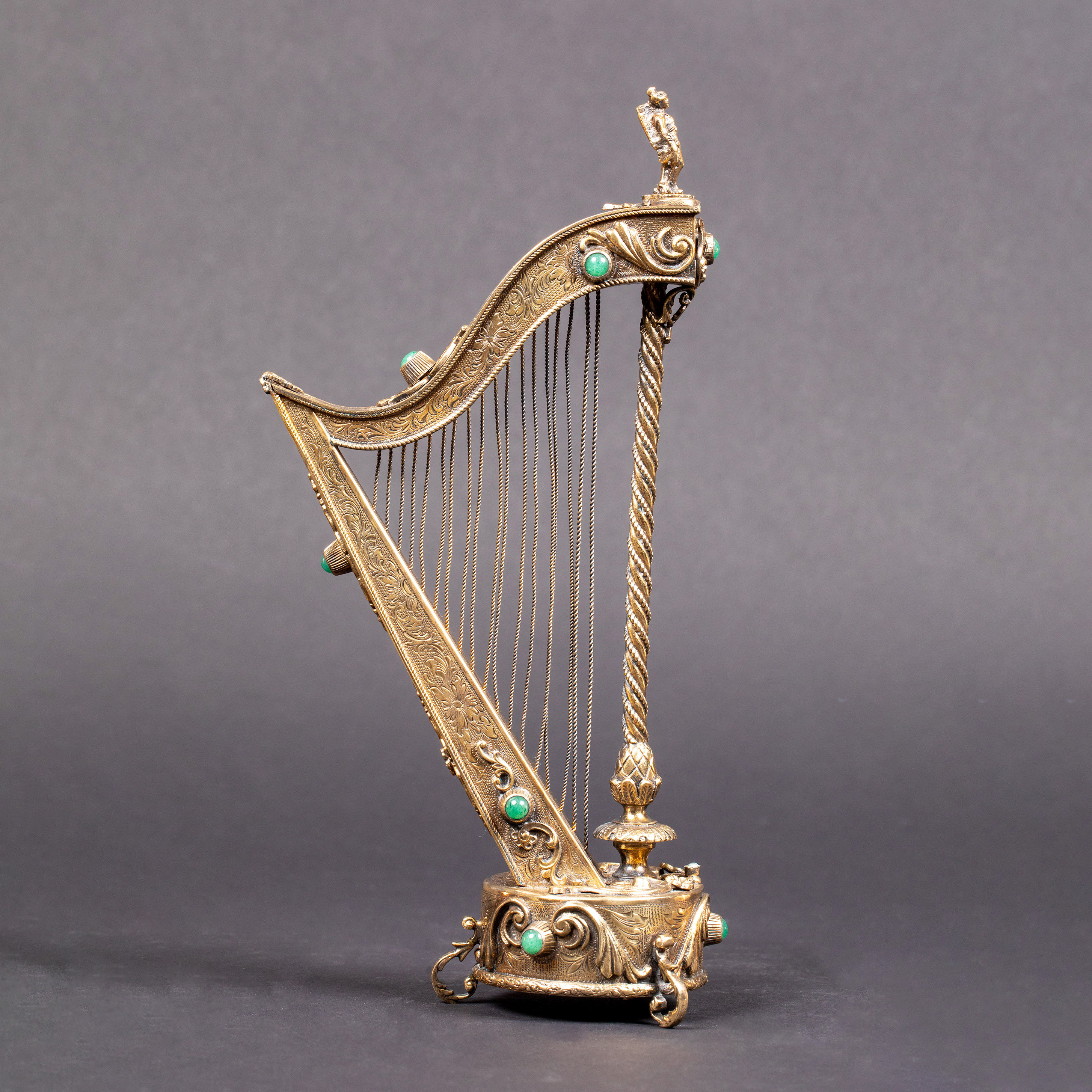 Unicorn Deer Atlantic Antique Swiss 18 String Harp Styling Sculpted Pure Silver Gilded Embed Green Agate Music Box