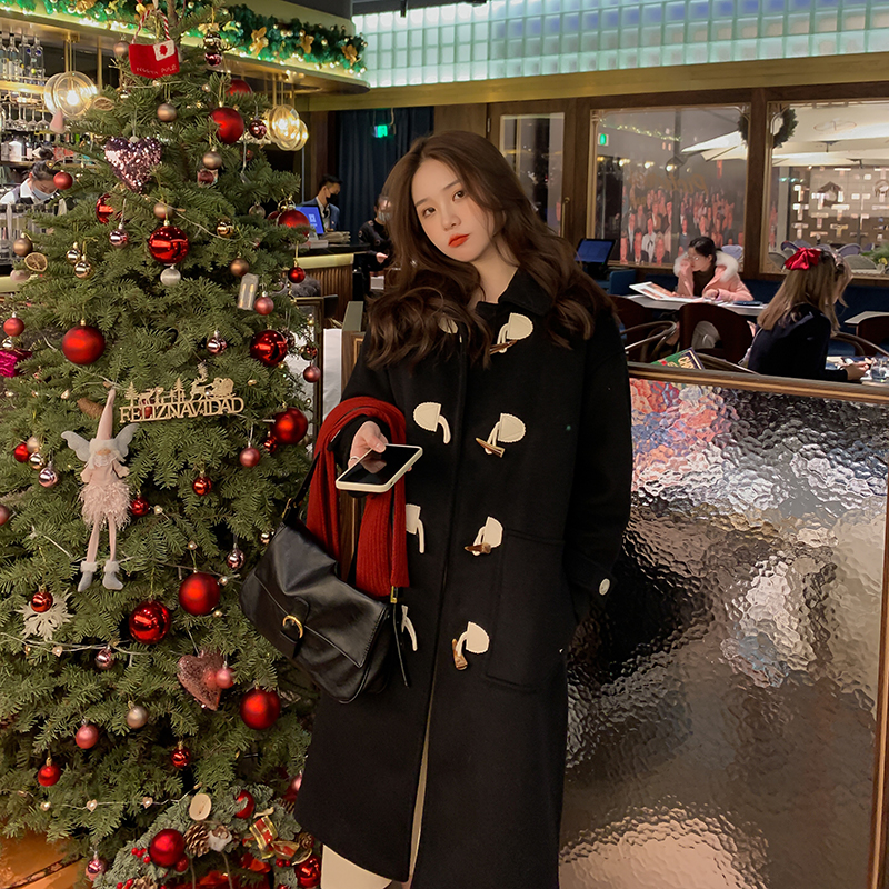 Korean drama female thick cow corner cloak coat girl autumn and winter little thin whisky medium long edition of cotton coat