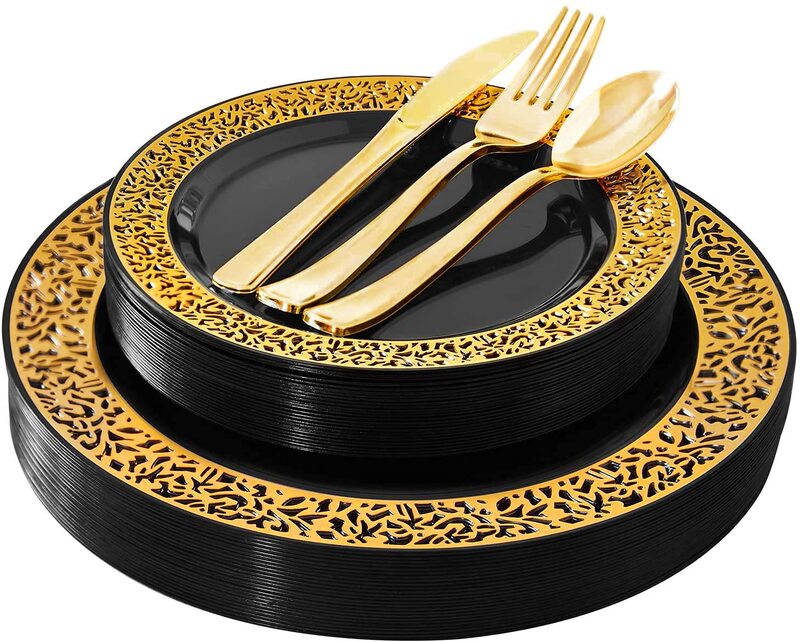 Disposable Hard Plastic Black Gold-Rimmed Imitation Porcelain Hollow Silver Western-Style Dinner Plate Party Steak Plate Dish Plate
