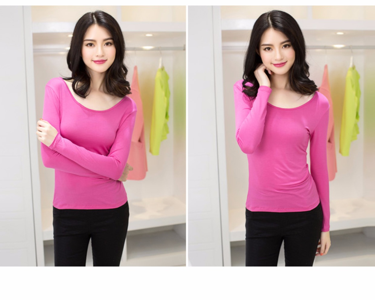 Modal đen đáy áo sơ mi nữ dài tay mùa xuân và mùa thu mỏng phần cổ tròn lớn Slim màu hoang dã kích thước lớn áo thun mùa thu quần bò nữ đẹp