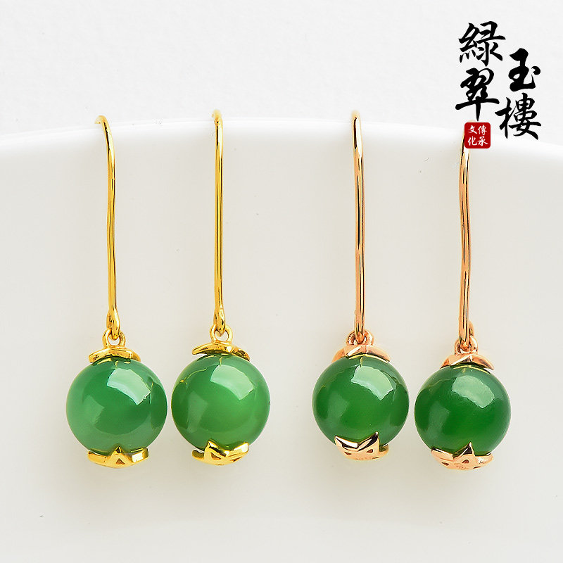 翡翠玉楼18K金镶和田玉耳钉:天然A货碧玉,让你耳朵上的艺术品!-耳饰-淘宝好物网