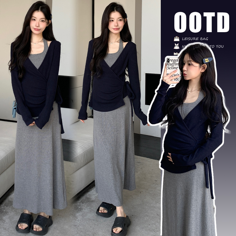 Maternity Spring Dress, Stylish Outfit for Pregnant Women, Spring and Autumn Set, Korean-Style Halter Neck Long Dress for Pregnancy, Spring and Summer