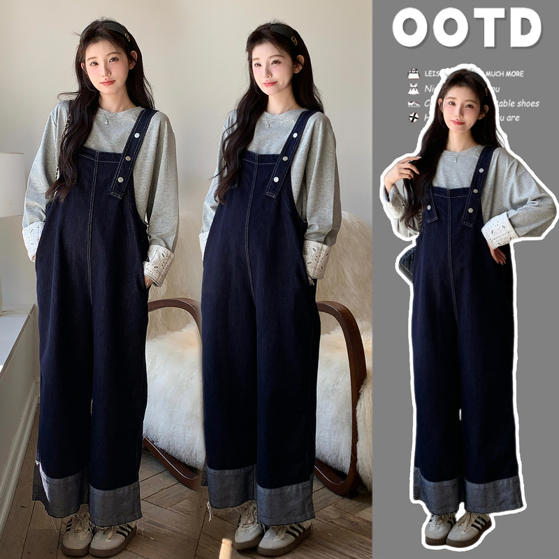 Maternity Wear Autumn Set, Stylish Outfit for Pregnant Women, Early Autumn Embroidered Sweatshirt Two-Piece Set, Denim Overalls for Spring and Autumn Maternity Wear Autumn Set, Stylish Outfit for Pregnant Women, Early Autumn Embroidered Sweatshirt Two-Piece Set, Denim Overalls for Spring and Autumn